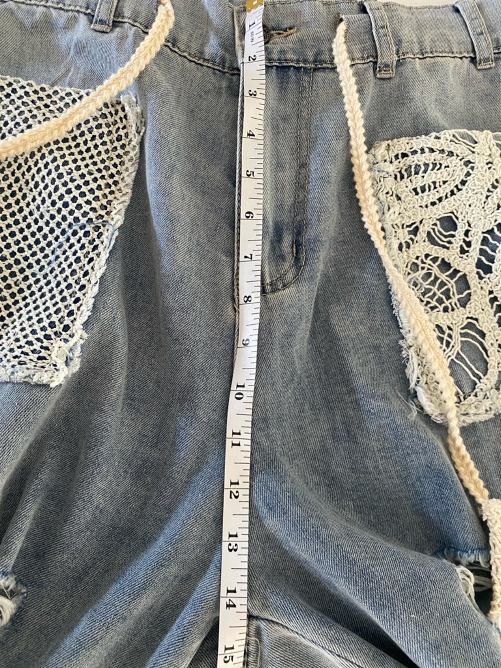 POL Light Wash Crochet Patchwork Distressed Joggers/Jeans, Like New - Picture 6 of 7